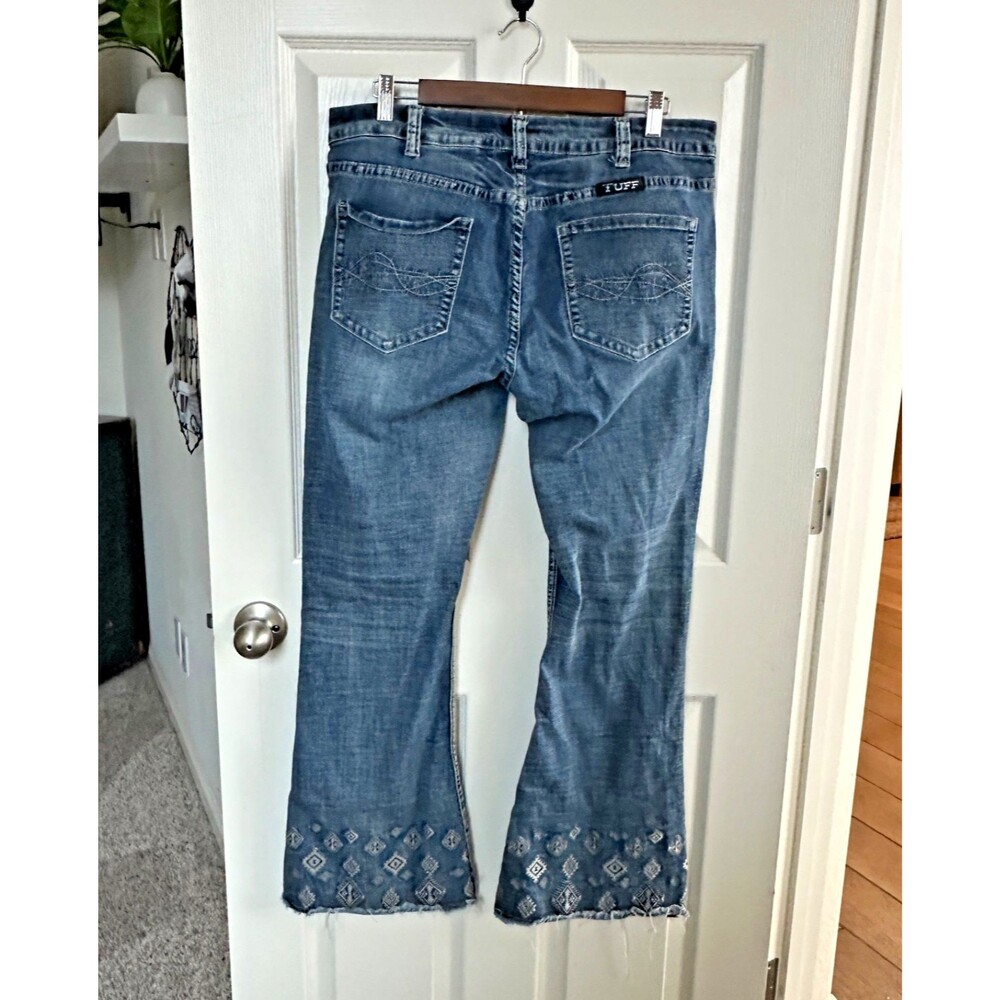 Boho Aztec Embroidered Bell Bottom Jeans Raw Hem Flare W33 L31 Women rodeo - Picture 6 of 11